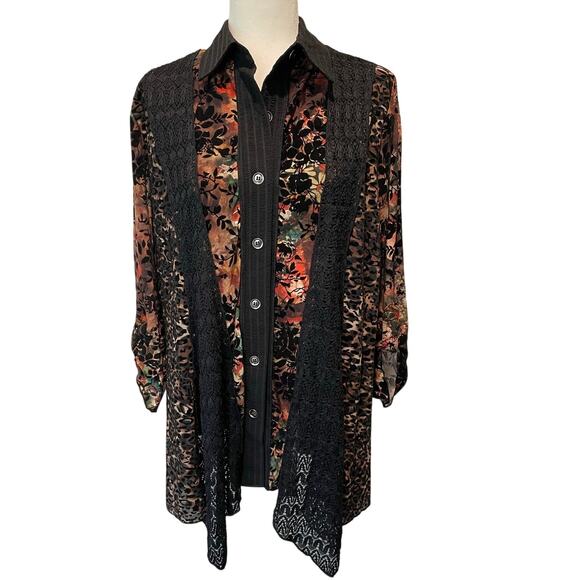 Calessa Tops - Calessa Tunic Top Sz XL Velvet Burnout Lace Floral Animal Prints Artsy Lagenlook